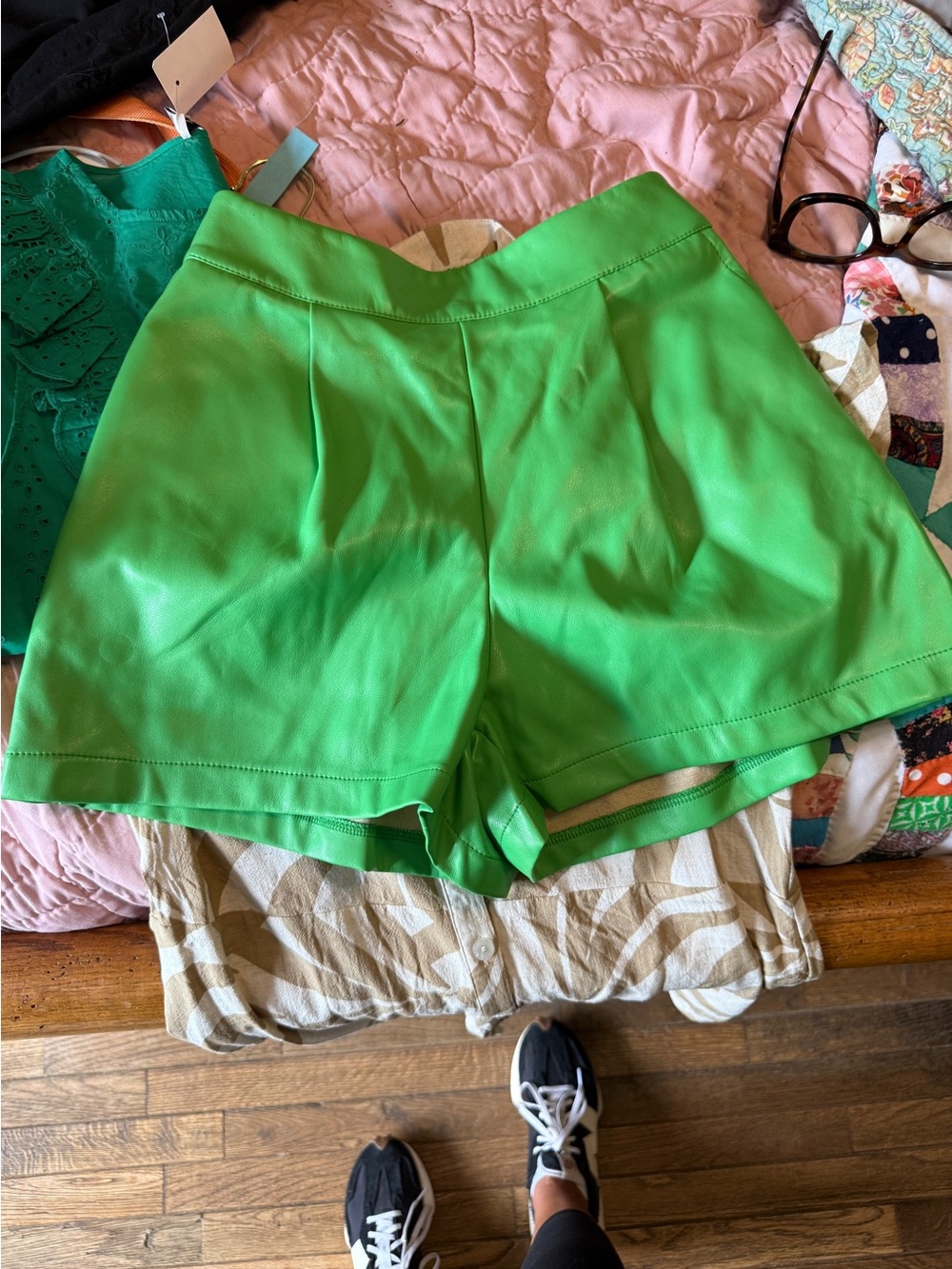 Green High-Waist Leather Women's Shorts